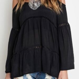 4/$20 Umgee USA Brown Boho Strappy Tiered Crochet Lace Cold Shoulder Top Small